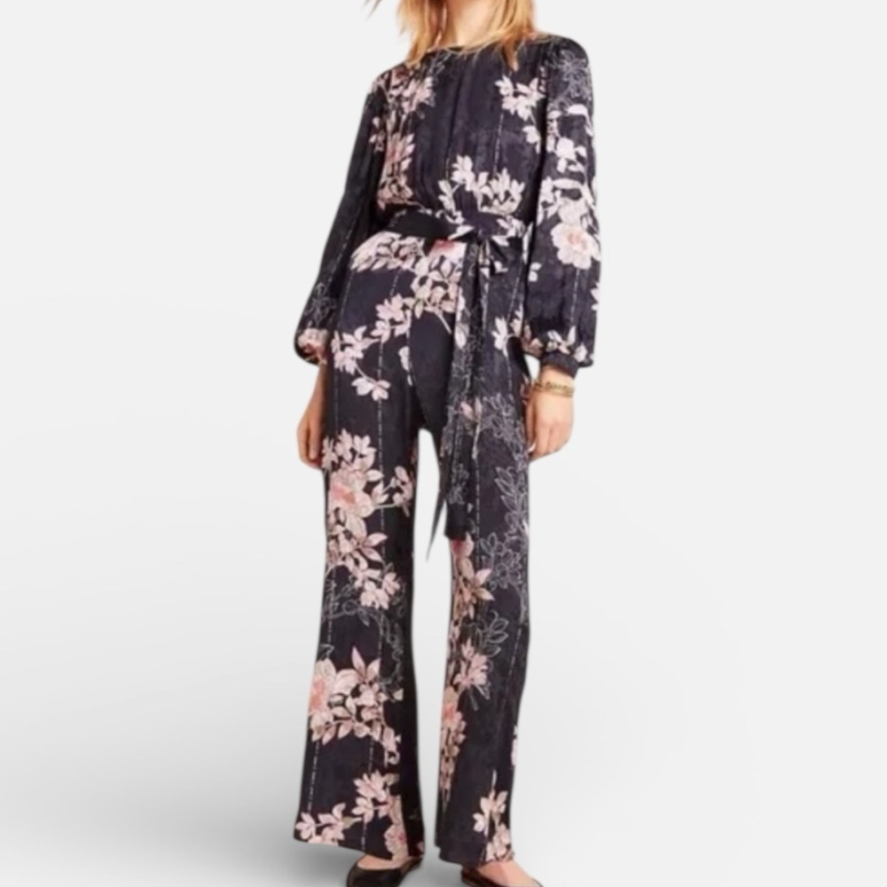 Harlyn Anthropologie Audrey Jacquard Floral Navy Blue Jumpsuit Size XS Formal